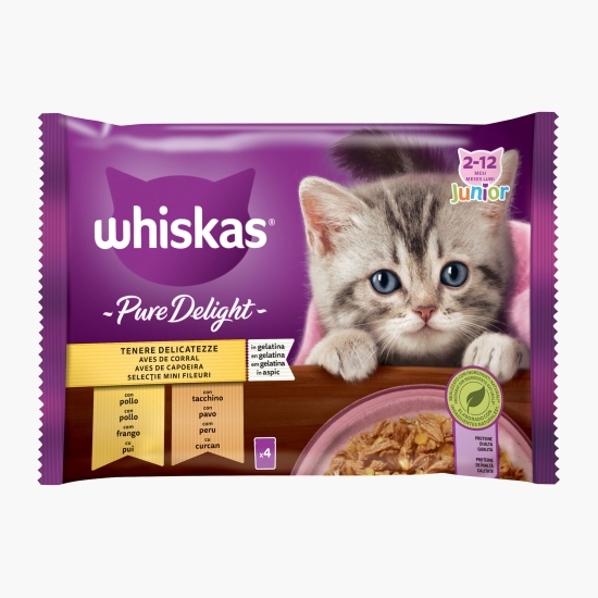 Hrană umedă pentru pisici junior, 4x85g, Pure Delight cu carne de pasăre în aspic