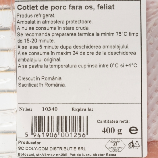 Cotlet de porc fără os, feliat 400g