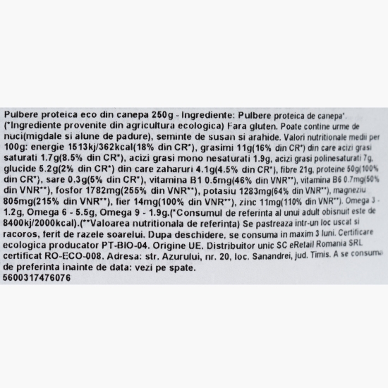 Pulbere proteică eco din cânepă 250g