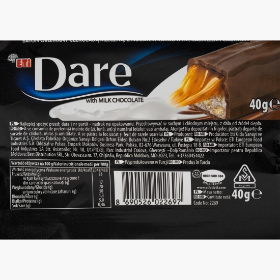 Baton cu glazură de ciocolată cu lapte și interior de nuga cu cacao, caramel și biscuiți 40g