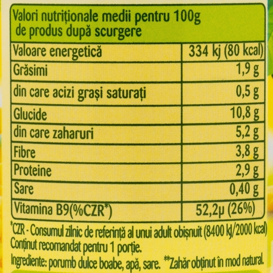 Porumb boabe dulce și crocant, fără zahăr 170g