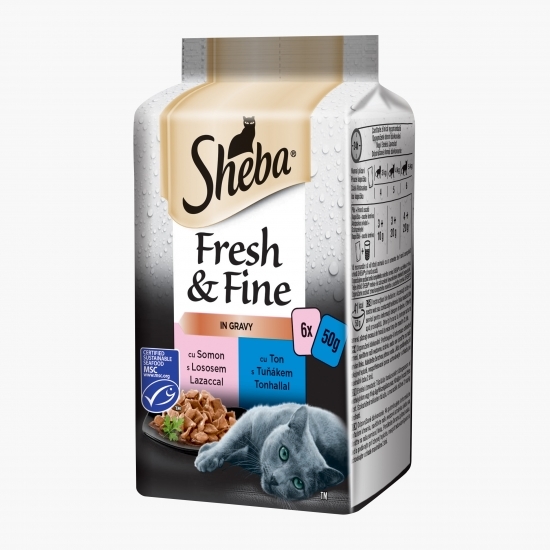 Hrană umedă pentru pisici adulte, 6x50g, cu somon, ton și păstrăv