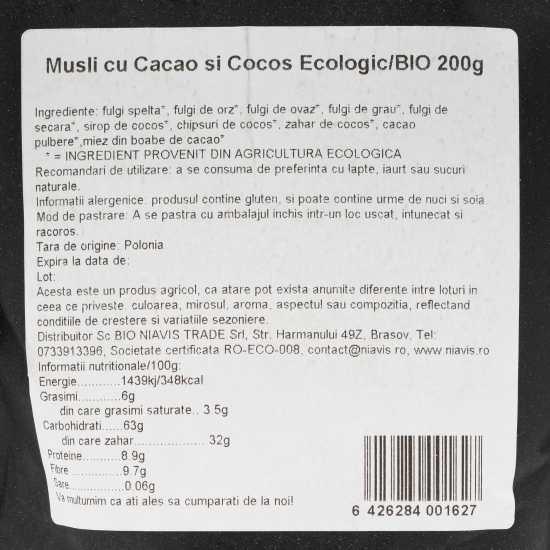 Musli cu cacao și cocos ecologic 200g