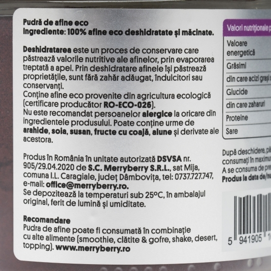 Pudră de afine eco, fără zahăr adăugat, 100g